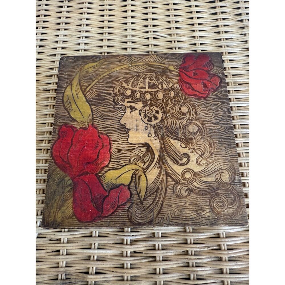 Antique 1910's Flemish Art Pyrography Hanky Box Art Nouveau Lady with Flowers